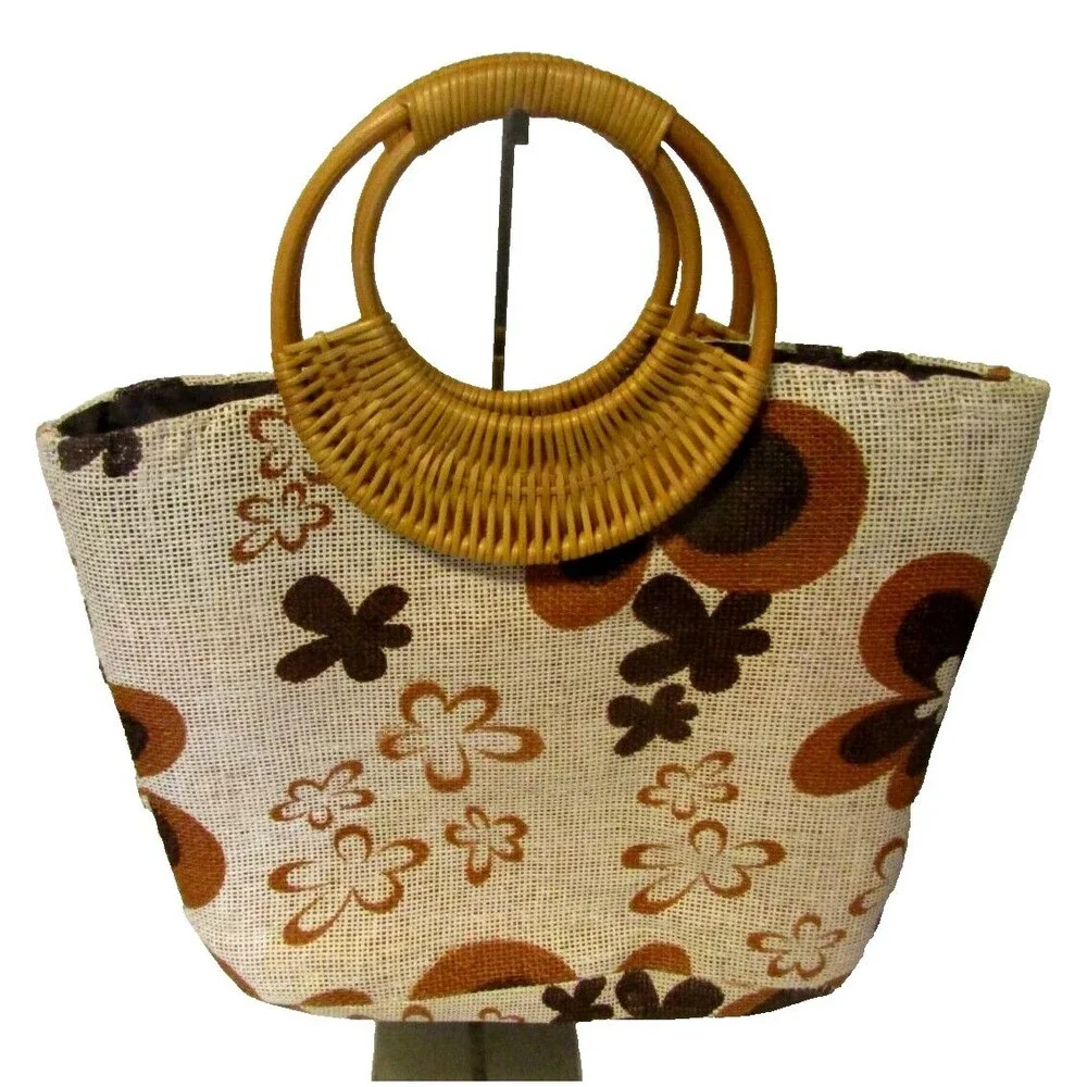 Large Floral Tote Vintage 70s Brown Canvas Rattan Purse Bag Lined Boho Hippie